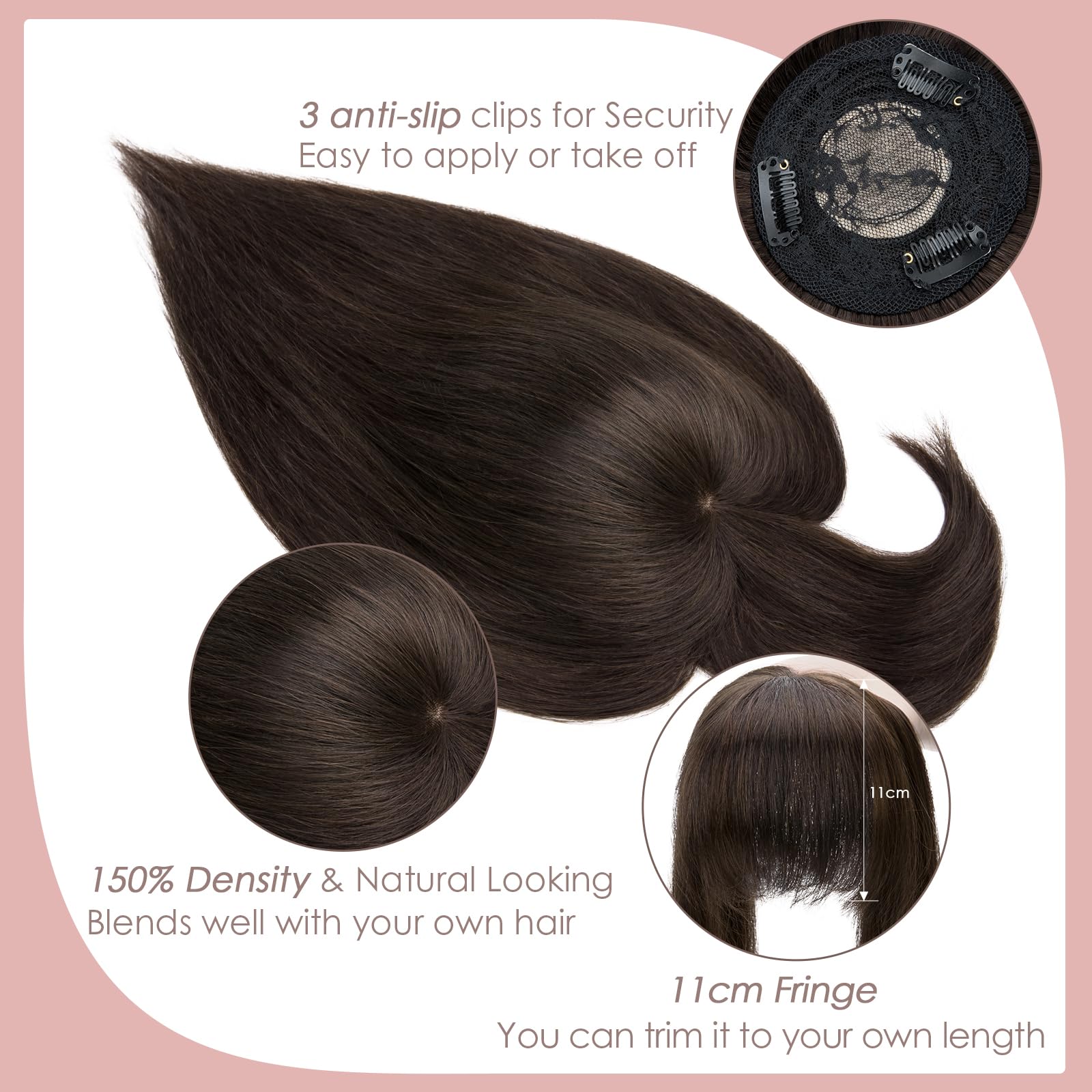 Silk-co Topper Extensions Haarteile Echthaar Clip in Extensions Echthaar Weich Natürlich Glatt Toupet Haarverlängerung mit Pony(11cm lang) 7A Remy Haare 50cm-49g 02# Dunkelbraun