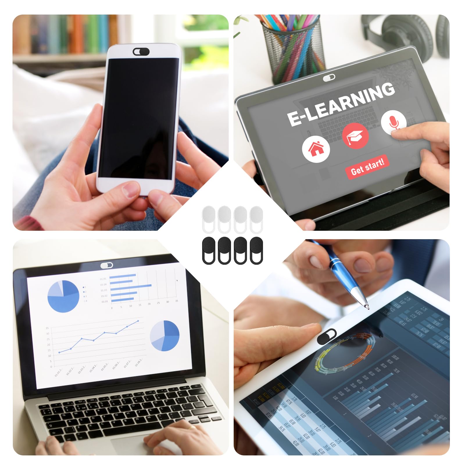 UKOFEW 8 Pezzi Webcam Cover, Copertura Webcam, Copri Webcam Slider, Ultra Sottile Camera Cover, per Laptop, PC, Computer Portatile, Phone, Tablet, Smartphones (Nero & Bianco)