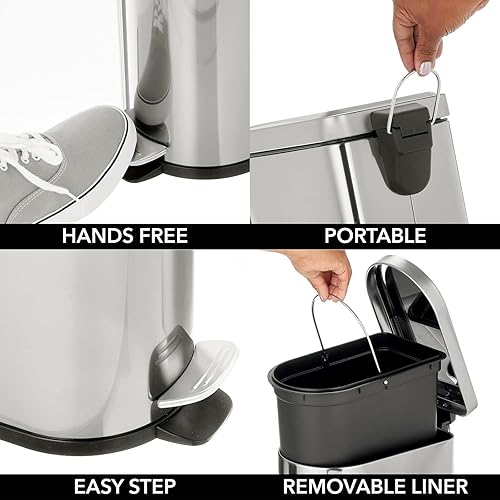 Miniatura 4 de mDesign Cubo de basura pequeño de acero inoxidable de 1.3 galones para baño, dormitorio, oficina en casa, cubo de basura en forma de D con pedal de