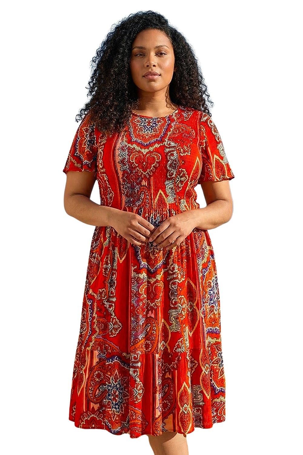 Roman Curve Women's Red Print Shir Midi Dress Size 20