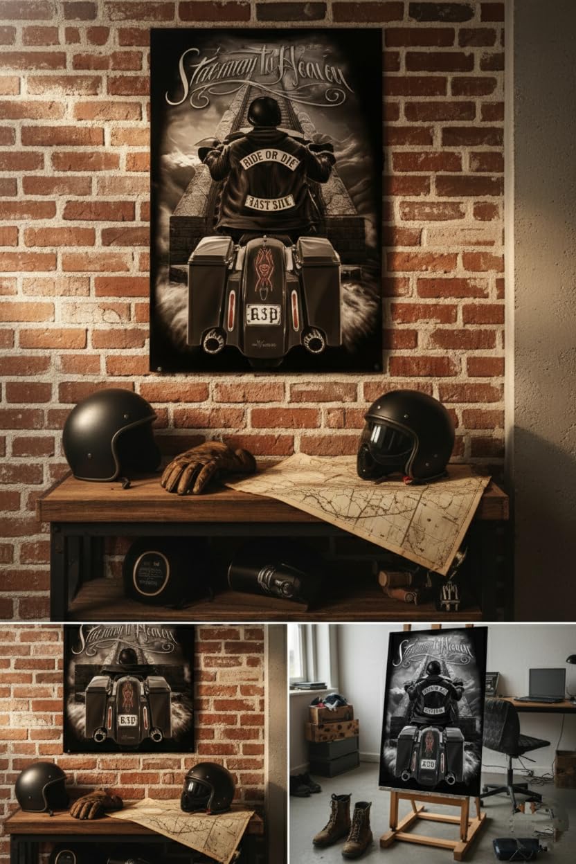 3D Lenticular Wall Art Poster | Holographic Optical Illusion Flipping Image | Gaming Room, Biker, Garage or Bar Decor | 19 x 13 Inch, Unframed (Stairway-To-Heaven) 3
