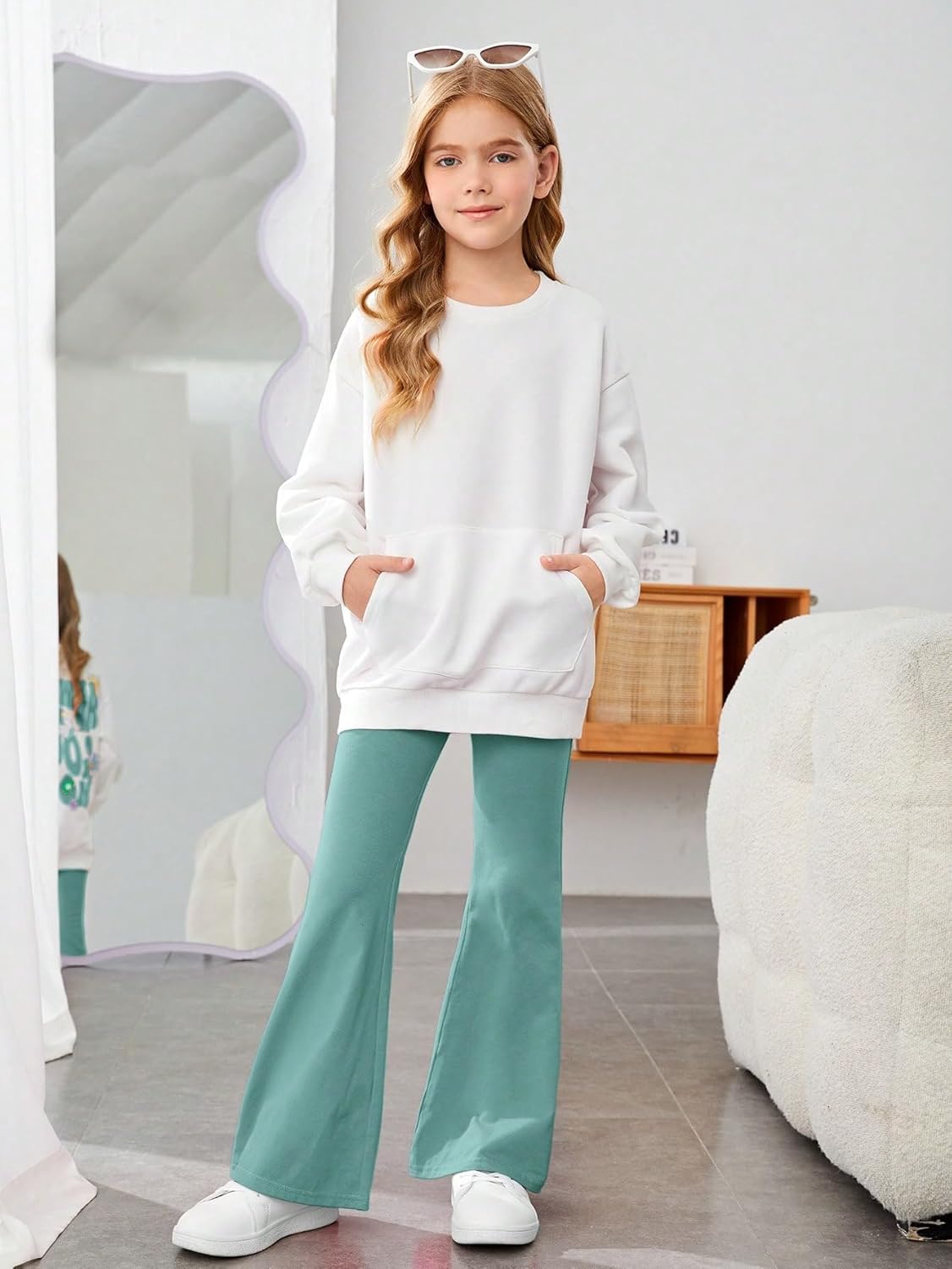 SweatyRocks Girl's 2 Piece Outfits Letter Graphic Drop Shoulder Sweatshirt and Flared Pants Set - Image 6