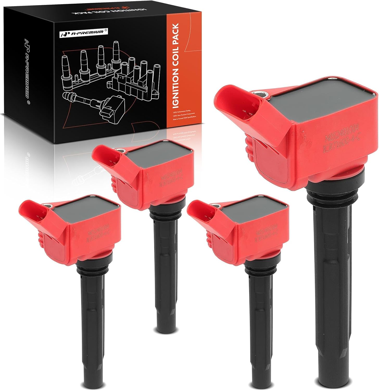 A-Premium (Red) Engine Ignition Coil Pack Compatible with Volkswagen Jetta, Passat, Golf, Tiguan, Beetle, Atlas & Audi A4, A4 allroad Quattro, Q5, Q7, A5 Quattro Sportback, A6 Quattro, A3, 4-PC Set