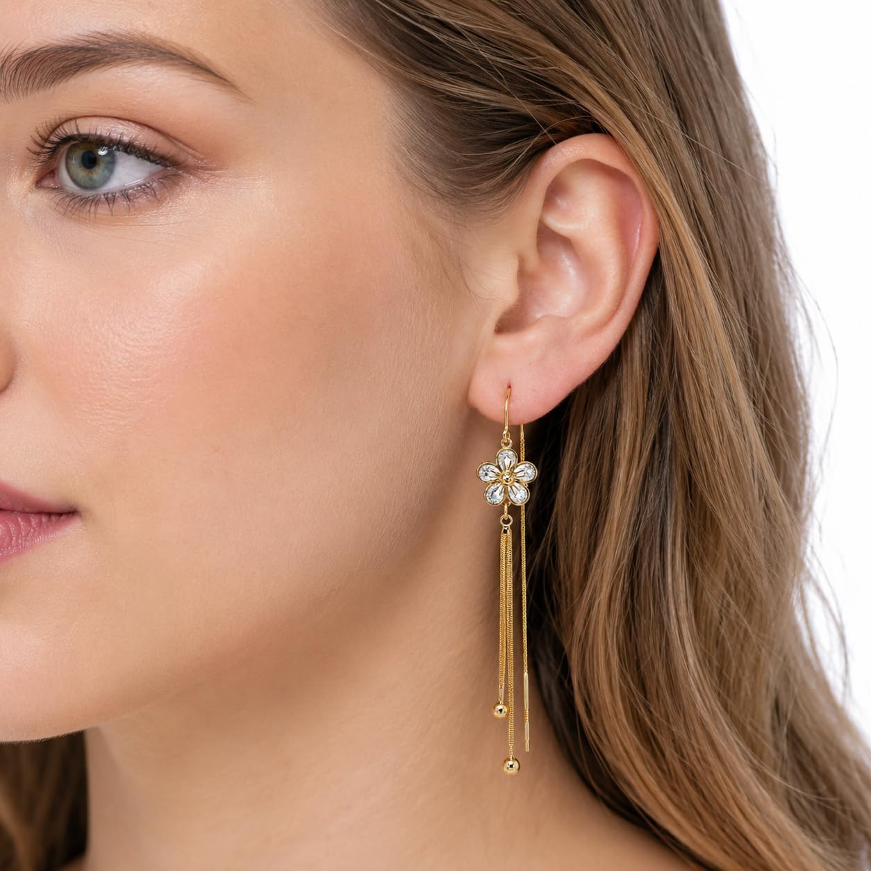 HEFEIYU 14K Gold Plated Flower Dangle Threader Earrings for Women, Hypoallergenic Cubic Zirconia Long Chandelier Earrings, Elegant Crystal Jewelry for Wedding Bridal Prom Party Gifts (Petal)