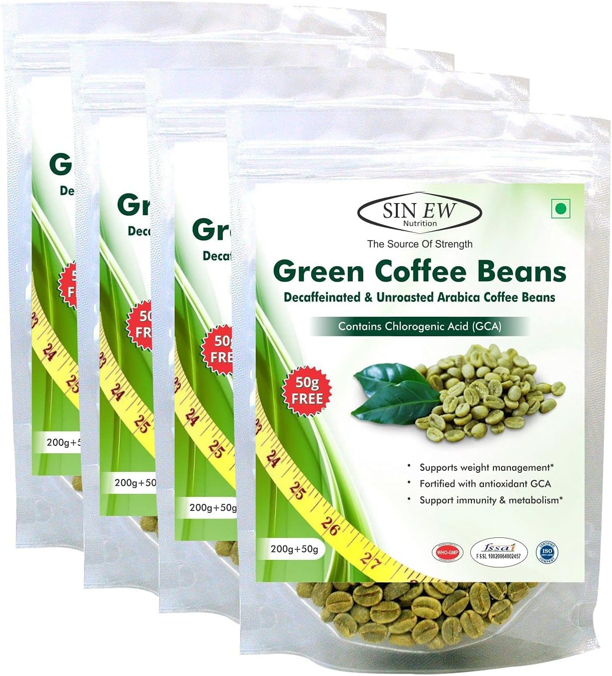 Sinew Nutrition Green Coffee Beans 800g + 200g FREE (250g x 4 PC) for Weight Loss, Green Coffee