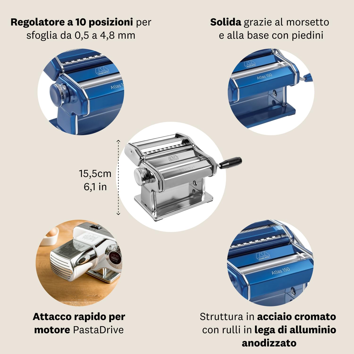 Marcato AT-150-BLU, Atlas 150 design, Macchina per pasta, Alluminio, Blu, Linea Premium.