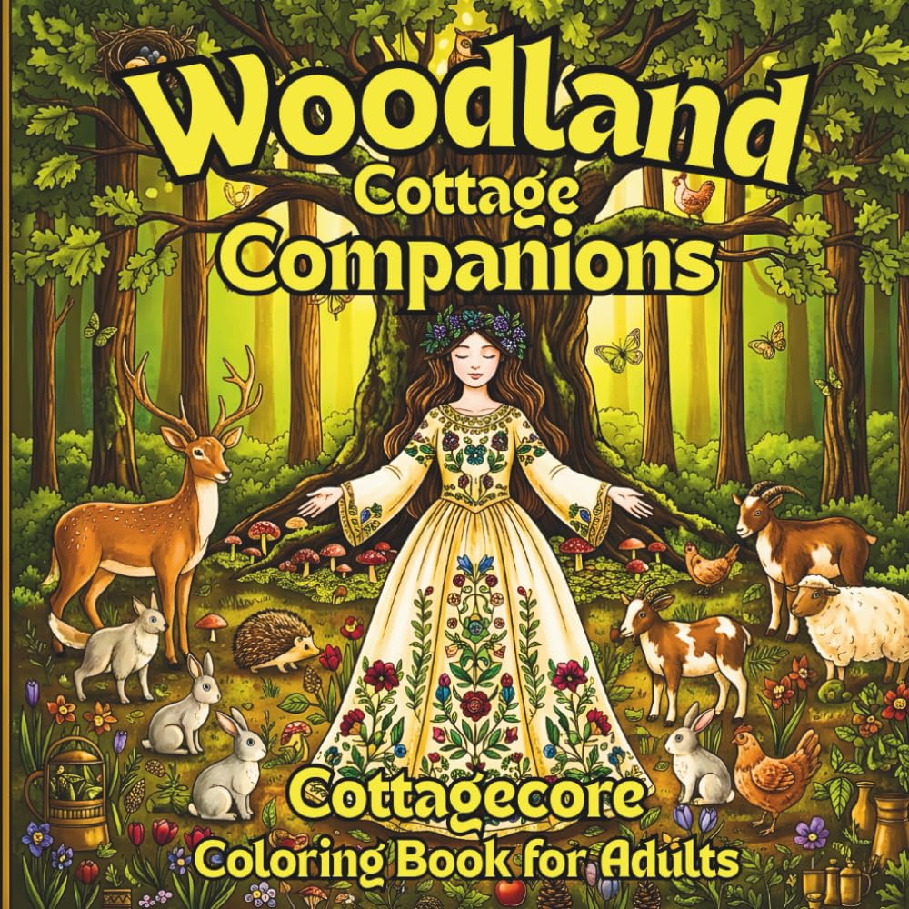 Woodland Cottage Companions: 50 Cottagecore Scenes with Gentle Animals | Single-Line Art for Relaxation | Adult Coloring Book with Detailed Nature Illustrations