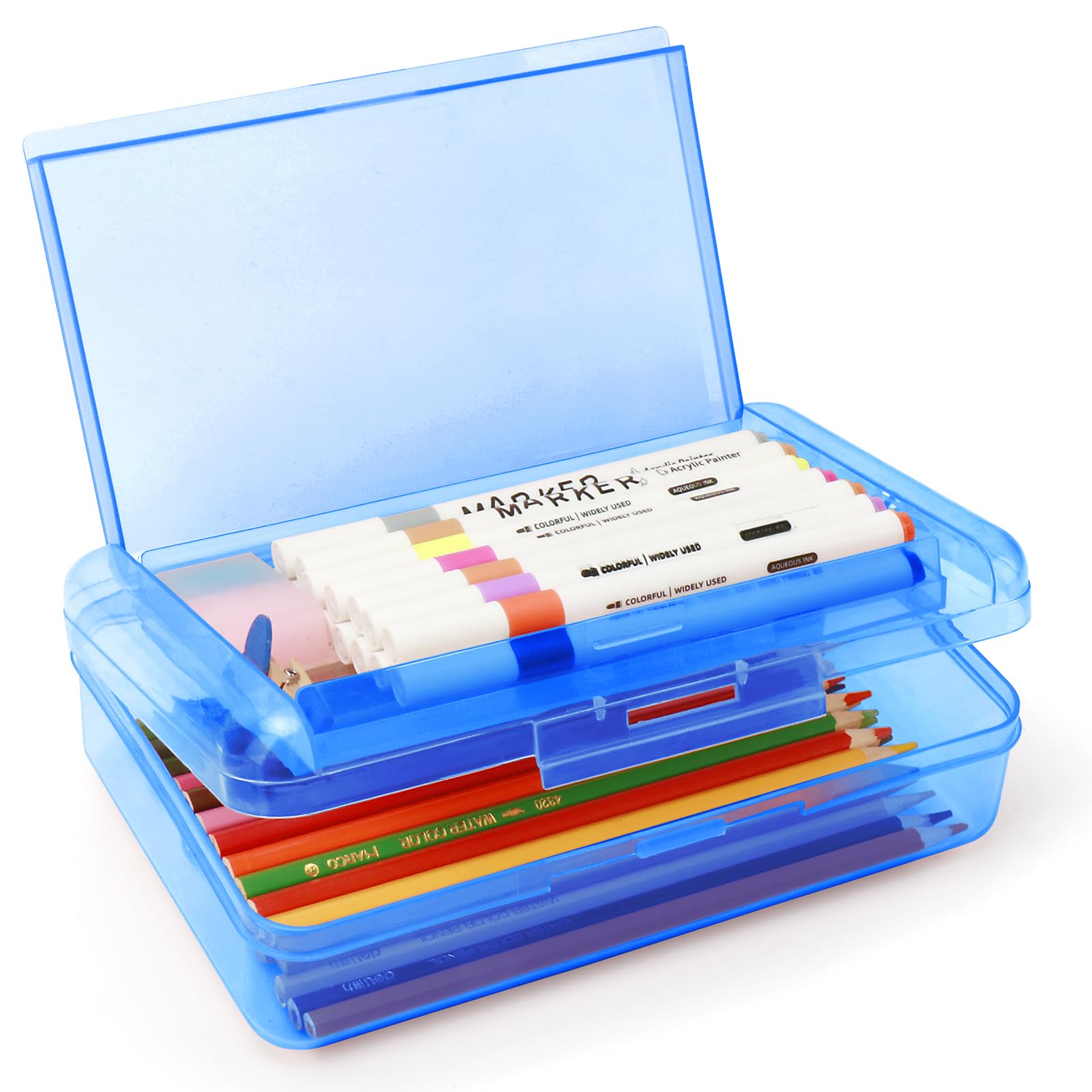 Nuozme Double Layer Large Capacity Pencil Box,Plastic Translucent Pencil Box, Hard Pencil Cases with Snap-Tight Lid for Pens, Pencils, School Supplies,Office Supplies,Medium-sized,1 Pack