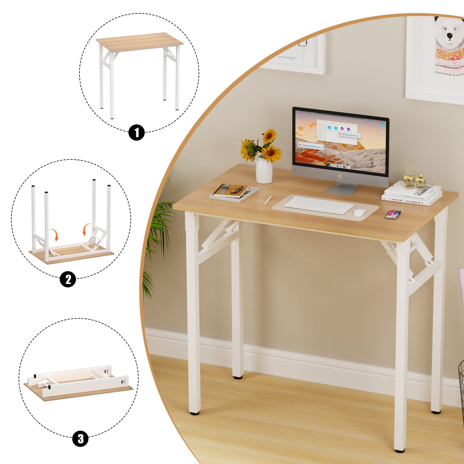 PIPIPOXER Petit Bureau Pliant 80x50x76cm, Table Pliable d'Ordinateur, Cadre en Métal, pour Étudier, Travailler, Chambre, Imperméable, Bois