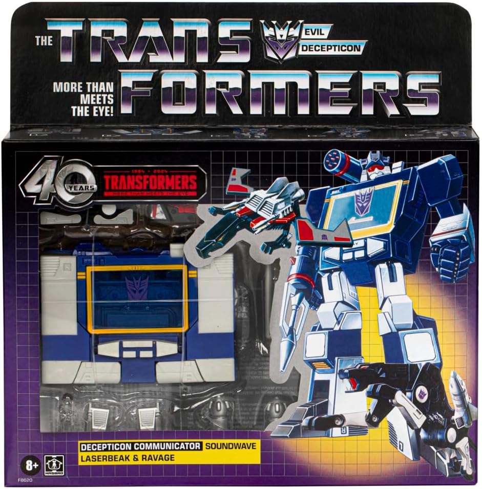 Transformers Decepticon Communicator Soundwave Action Figure, 40th Anniversary Edition Soundwave, Laserbeak, & Ravage Kids Toy Action Figure for Boys and Girls