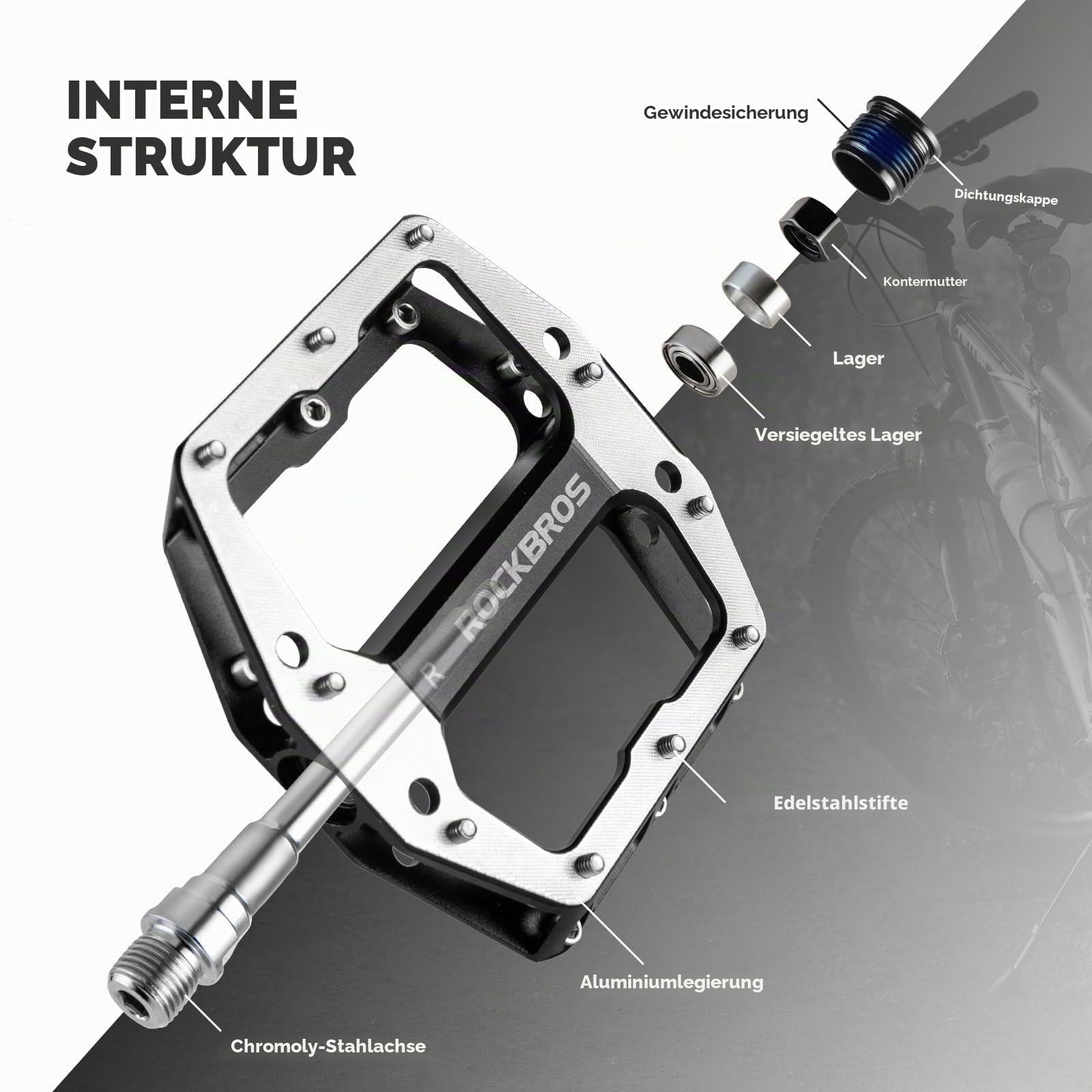ROCKBROS Fahrradpedale & Flat Pedale aus Aluminium, 11×10 cm rutschfeste Plattform mit Anti-Rutsch-Pins, CNC-gefräst, 9/16"-Achse, für MTB, Gravel Bike, Trekking & Downhill