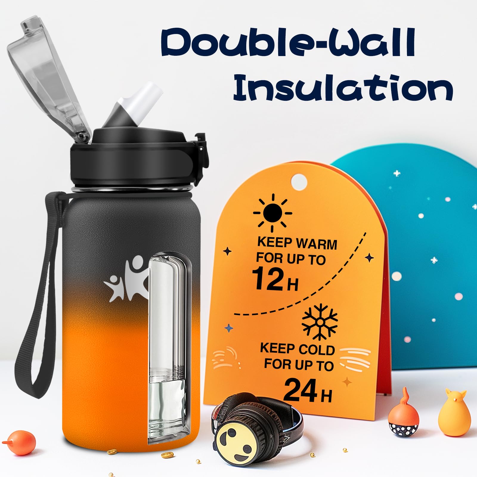 KollyKolla Borraccia Termica 500ml, a Prova di Perdite, Borracce Termiche con Cannuccia, Riutilizzabile, Facile Pulizia, senza BPA, Borraccia per Bambini, Adulto, Campeggio, Scuola, Ufficio