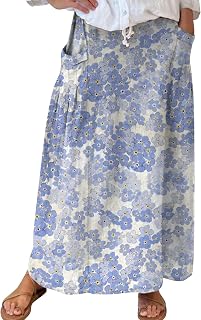 80S Skirts For Women Falda con Bolsillo y Cinturilla elástica de Lino con Floral Retro para Mujer Moda Vestidos Casuales Falda Elegante Mujer Fiesta Corta Talla Grande