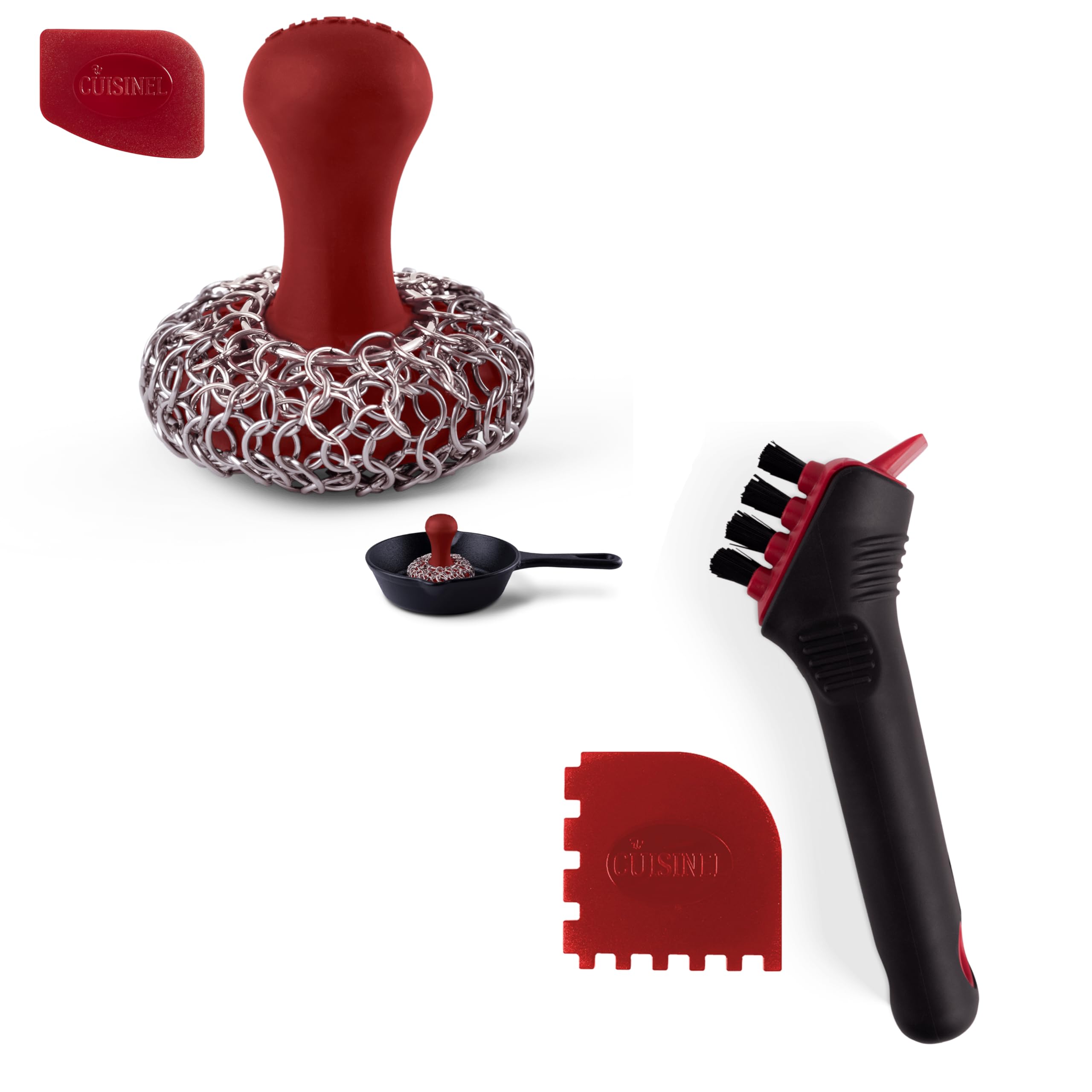 CuisinelCast Iron Cleaning Kit - Chainmail Scrubber + Cleaning Brush + Pan and Grill Scraper - Dishwasher Safe Cookware Cleaners and Kitchen Accessories