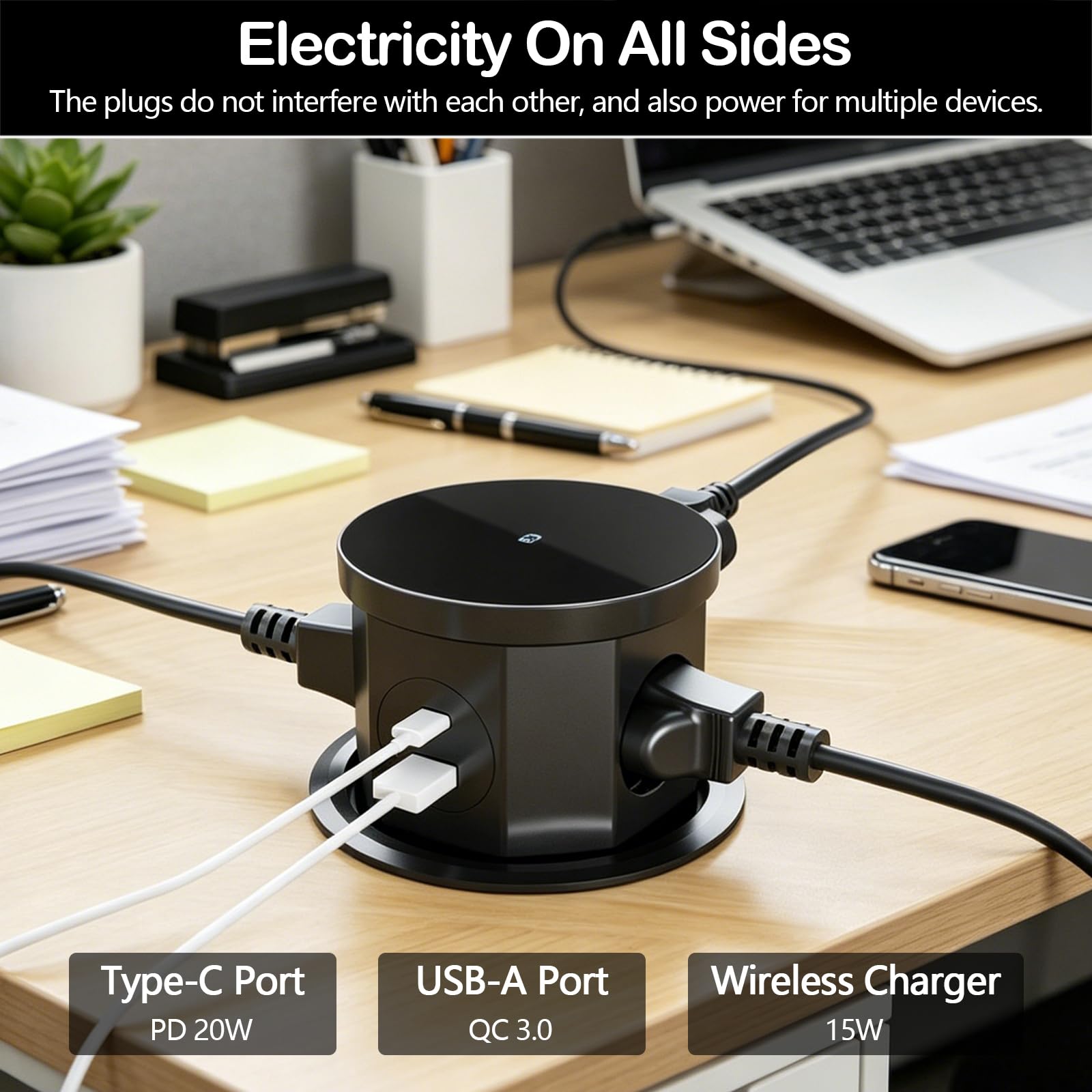 Enchufe Retráctil de 3 Enchufes, Regleta Empotrable Mesa con 15W de Carga Inalámbrica, USB C y USB A, Toma Empotrable Escritorio para Oficia, Casa y Cocina, Cable de 1,5M