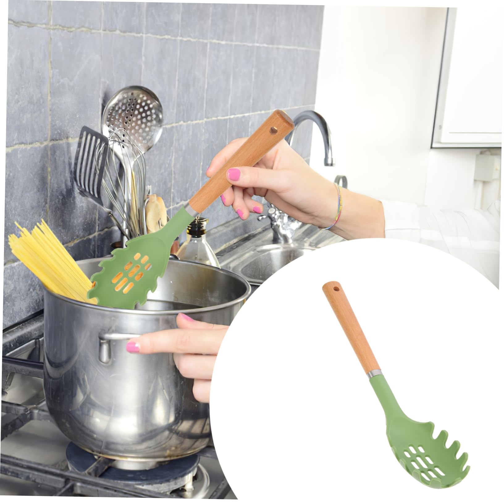 Cucharas de Madera for cocinar, 2 cucharas de Silicona con Mango de Madera, Tenedor for Fideos, Espaguetis, Tenedor for cocinar Pasta, Tenedor ranurado for Pasta, colador de Pasta