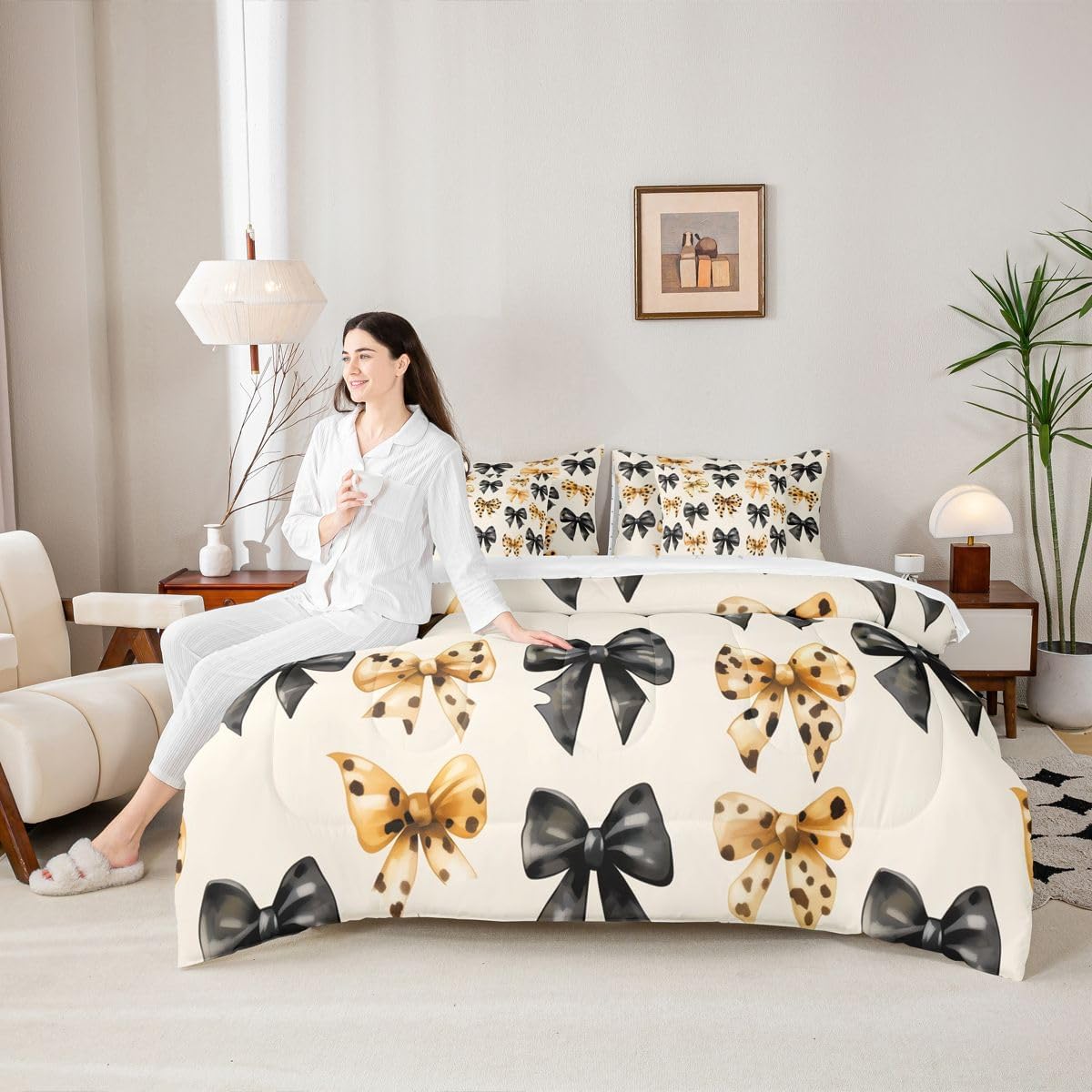 Erosebridal Leopard Print Queen Comforter Set for Girls 7 Pieces, Brwon Black Bowknot Bed in A Bag for Bedroom, Bow Tie Bedding Set with Comforters, Sheets, Pillowcases Coquette Bows Room Decor