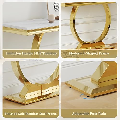 Miniatura 4 de Mesa consola Asday dorada, mesa de entrada de 50 pulgadas en blanco y oro glam con base en forma de U, mesa de entrada dorada pulida con parte