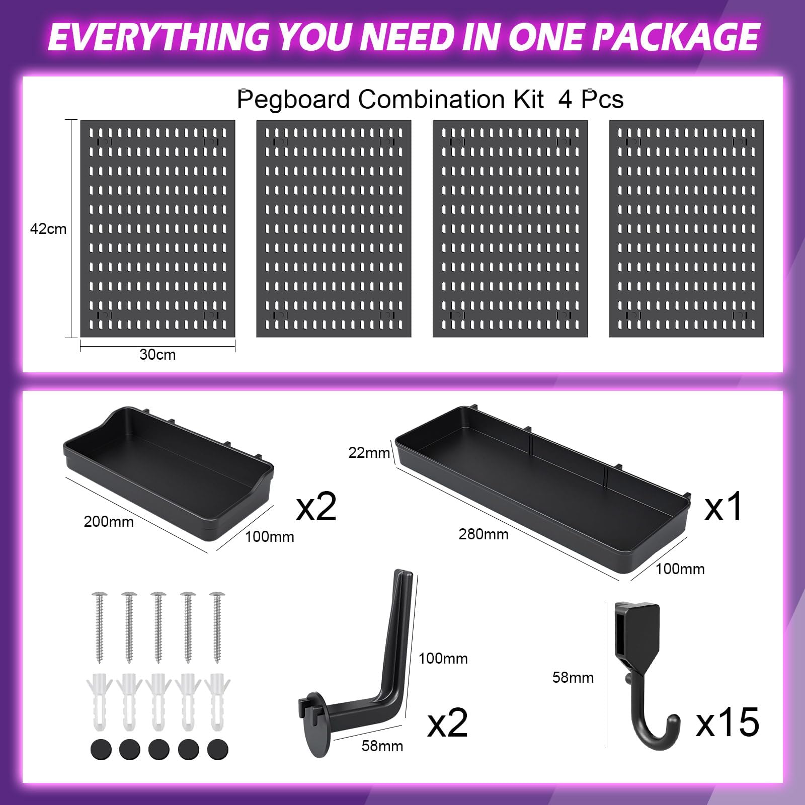Juego de 4 tableros de ranuras (42 x 30 cm) + 20 accesorios para almacenamiento de habitaciones, organización y decoración, combinación libre y fácil instalación (negro)