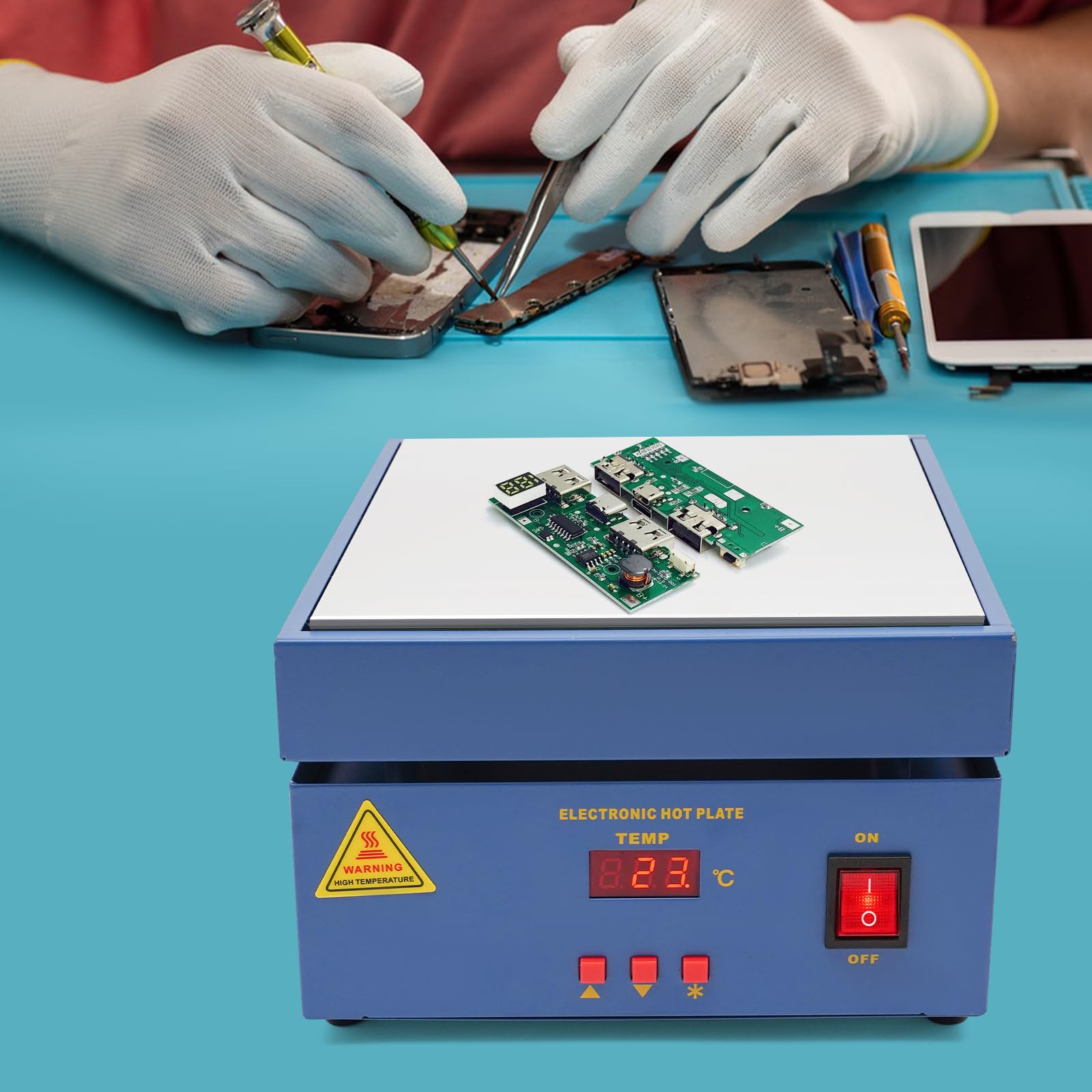 Placa calefactora de 800 W, placa caliente de laboratorio a 400 °C, estación de soldadura PCB, 20 x 20 cm, zona de calefacción, anillo de soldadura digital LED para calefacción de