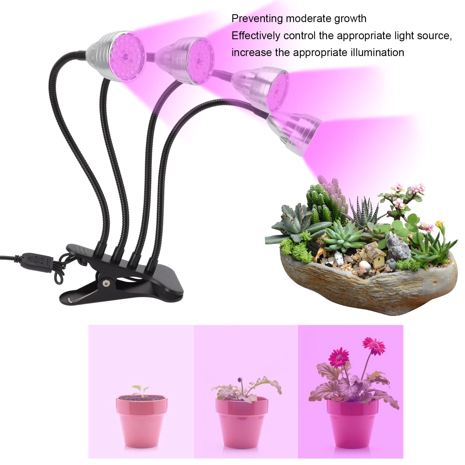 Luz de Crecimiento, luz de Crecimiento LED para Plantas de Interior, luz de aleación de Aluminio de Crecimiento LED 4 Cabezas Luz de Planta USB Ajustable y Flexible con Clip para Interiores