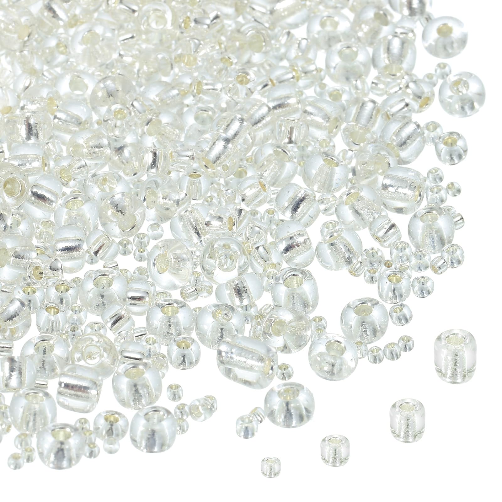 sourcing map 2848pcs Iridescent Glass Seed Beads 1.5/2/3/4mm Acrylic Round Bugle Beads for DIY Jewelry Craft Plants Making Fabric Felt Ornaments, Silver