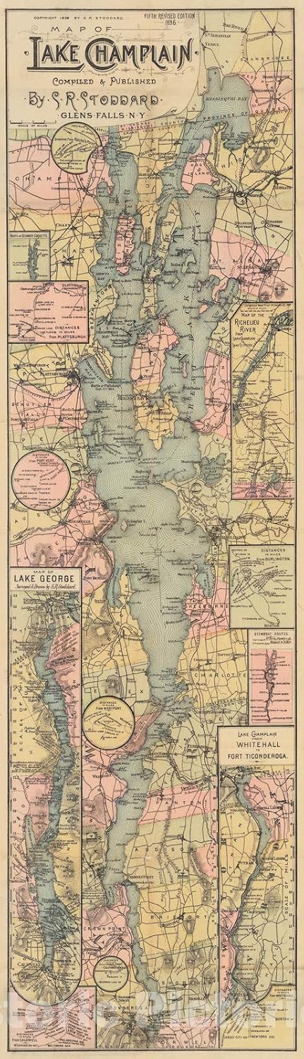 Lake Champlain Promotional Map 1892 - Historical Map Print - 13in x 44in