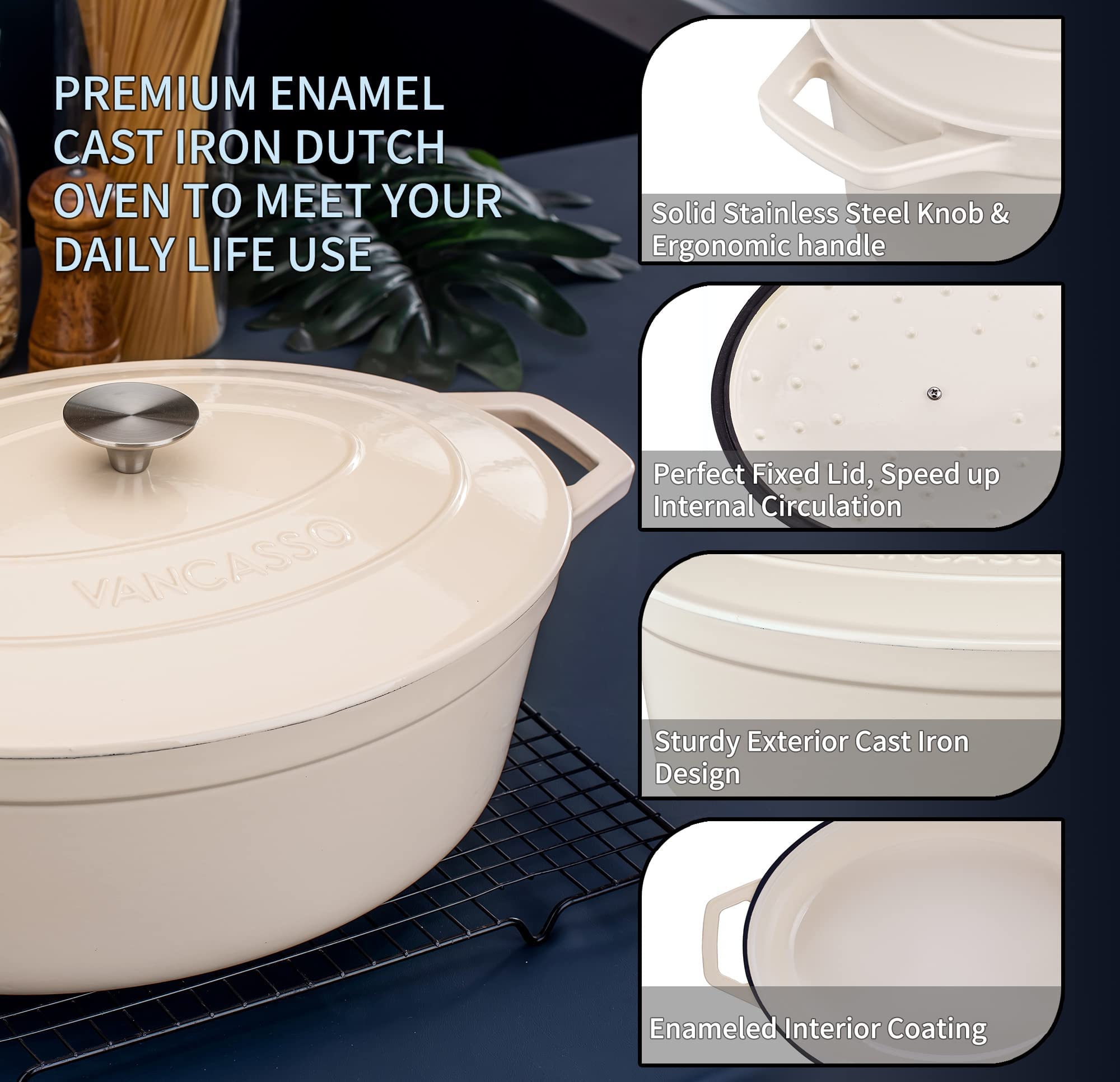 vancasso Cazuela de Hierro Fundido Esmaltado, 37 CM / 8 Litros Ollas de Hierro Fundido Horno Holandés con Tapa Redonda de Acero Inoxidable Apto para Todo Tipo de Estufas- Blanco