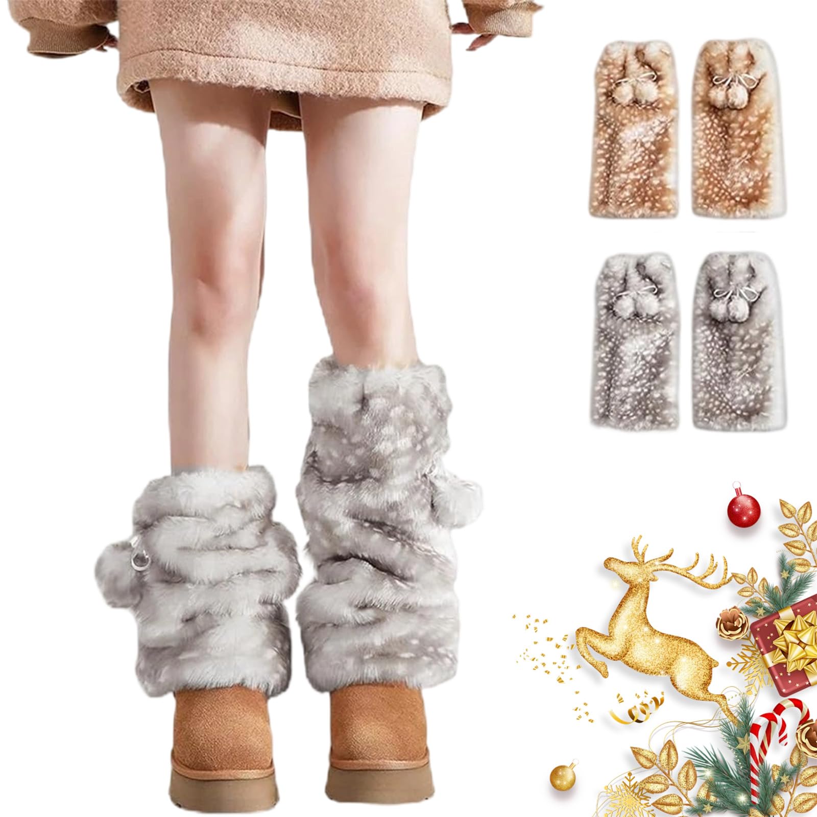 Deer Leg Warmers Women Thick Warm Soft Deer Fur Leg Warmers Furry Fawn Print Legs Warmer Christmas Accessories