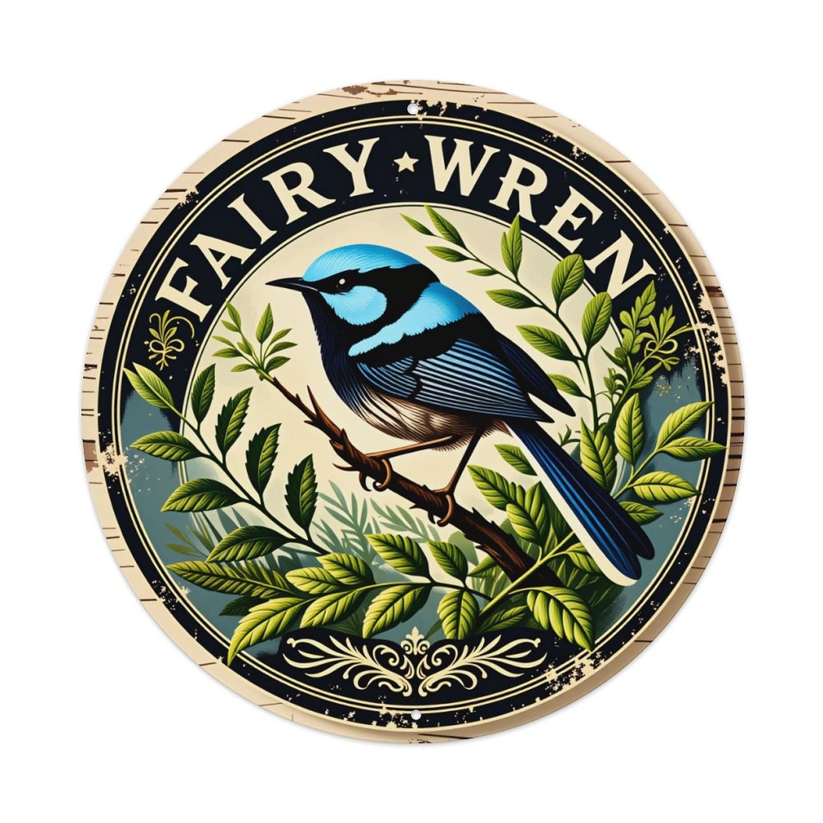 Fairy Wren Bird Emblem Design Metal Tin Sign Vintage Garden Bedroom Cafe Bar Man Cave Home Wall Decor Metal Poster 8x8 inches