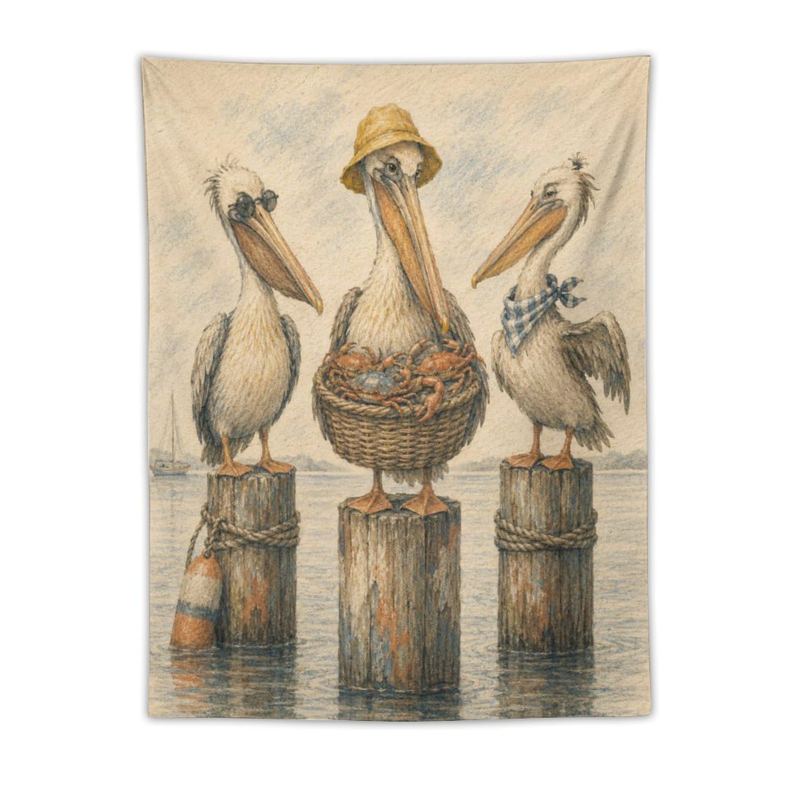 W7C8U2X3 Pelicans on Wooden Posts Wall Tapestry, Watercolor, Apartment