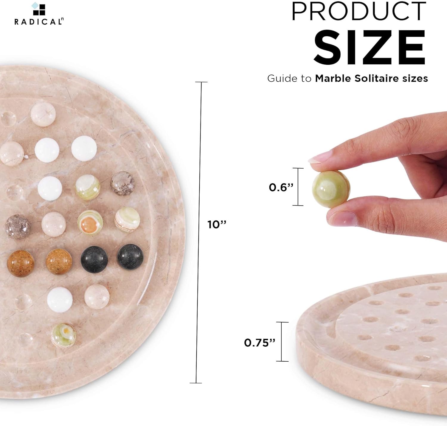 Marble Solitaire Game 10" Inch Verona Handmade Peg Solitaire Board Game with Marbles, Classic Marble Puzzle Game for Adults, Modern Tabletop Brain Teaser