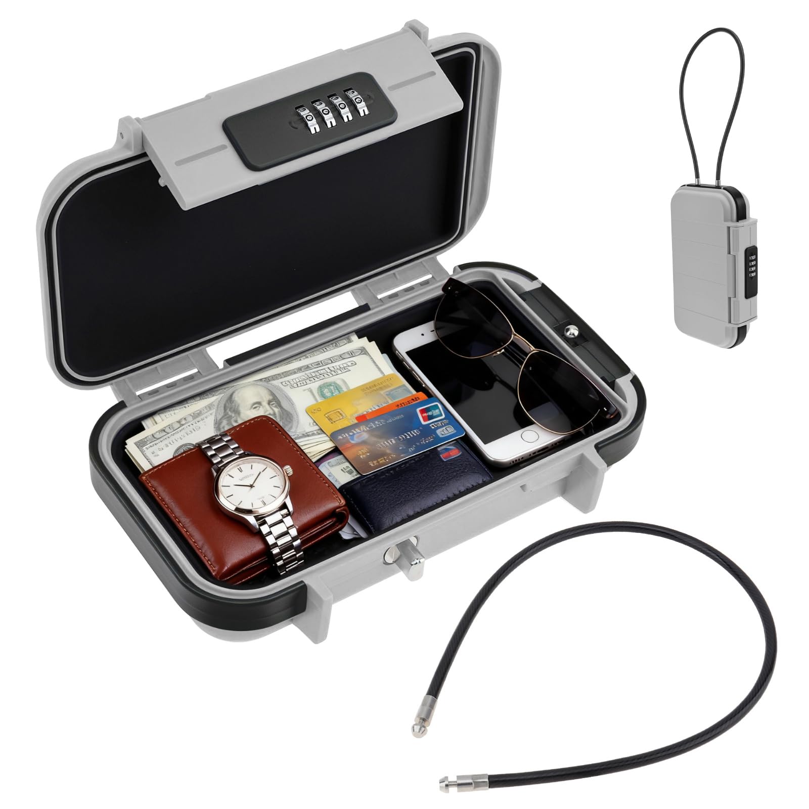 Coffre-fort portable, boîte de sécurité à combinaison avec code, étanche, antivol avec chaîne amovible pour la plage, le dortoir, le rangement d'objets personnels (gris)
