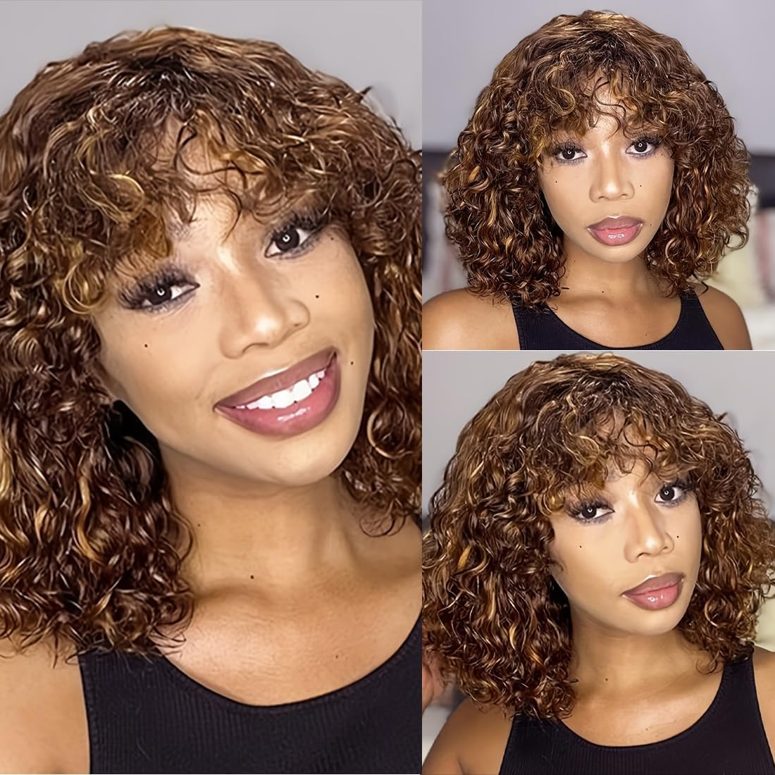 Highlight Brown Short Curly Wig Human Hair Wigs with Bangs Peluca Cabello Humano Corto con Flequillo for Women Brazilian Virgin Human Hair Wig Machine Made 150% Density Glueless Curly Wigs (#P4/30)