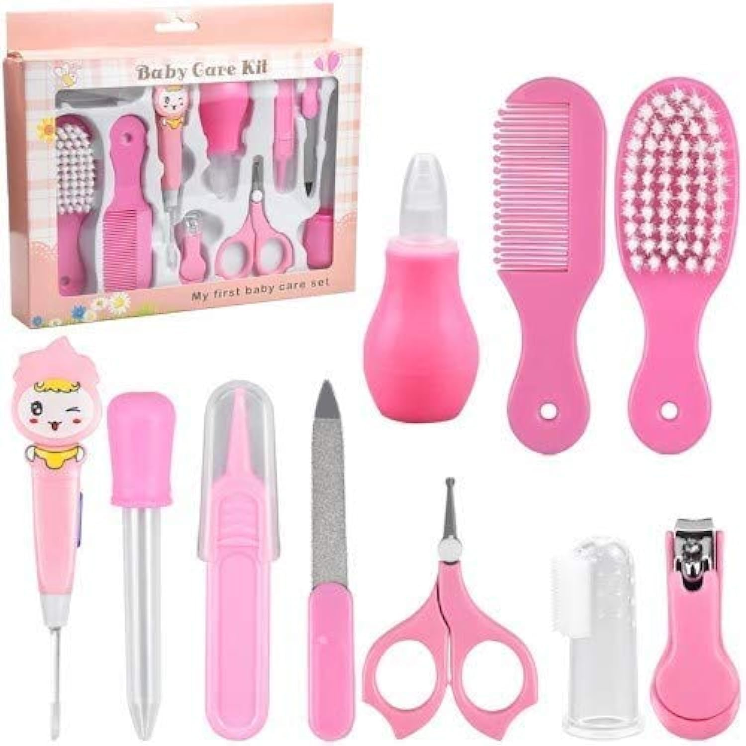 10 Pcs Baby Grooming Baby Healthcare Kit Newborn Baby Care Accessories Baby Health Care Set Baby Nail Clipper Scissors Hair Comb Brush Nose Cleaner Safety for Toddler Infant Nursing Grooming (Pink) : Baby