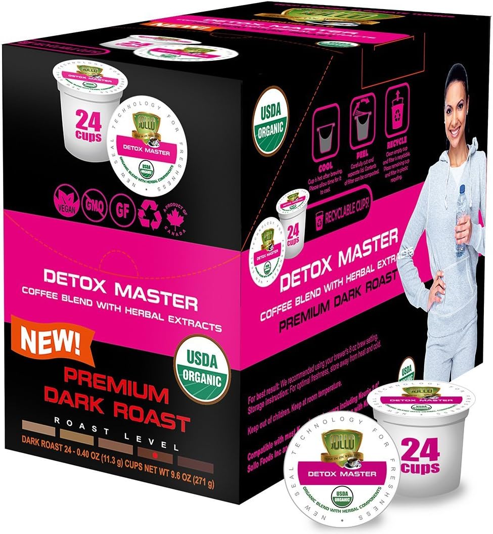 SOLLO Detox Organic Coffee Pods, Supports Diet & Metabolism with Herbal Extracts, Skinny Coffee, Bold Dark Roast, Single Serve Pod, Compatible with Keurig K-Cup Brewers, 24 Ct