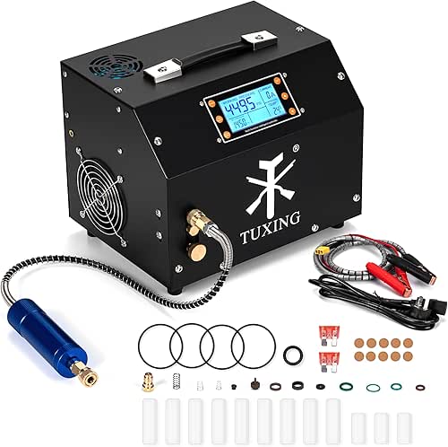 TUXING Pcp Air Compressor,LCD Display Version Auto-Stop 4500Psi/30Mpa,Oil/Water-Free,Built-in Transformer/Drain System