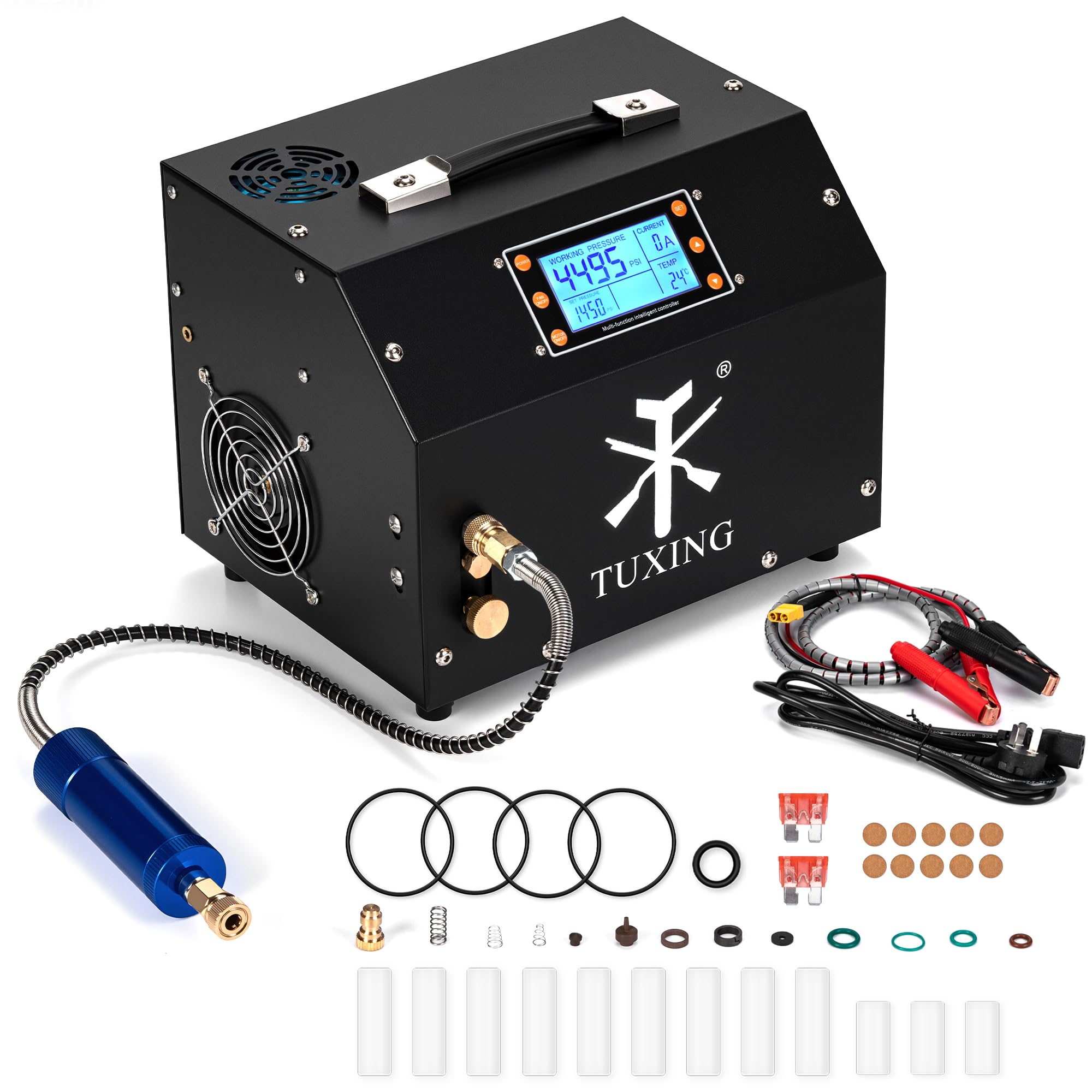 Tuxing Black Pcp Air Compressor,Lcd Display Version Auto-Stop 4500Psi/30Mpa,Oil/Water-Free,Built-In Transformer/Drain System Pump For Pcp Air Rifles And Airguns