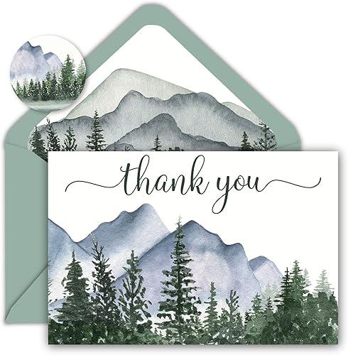 AnyDesign - 25 tarjetas de felicitación de bosque de acuarela, tarjetas de agradecimiento con sobres y calcomanías adhesivas, tarjeta de regalo en