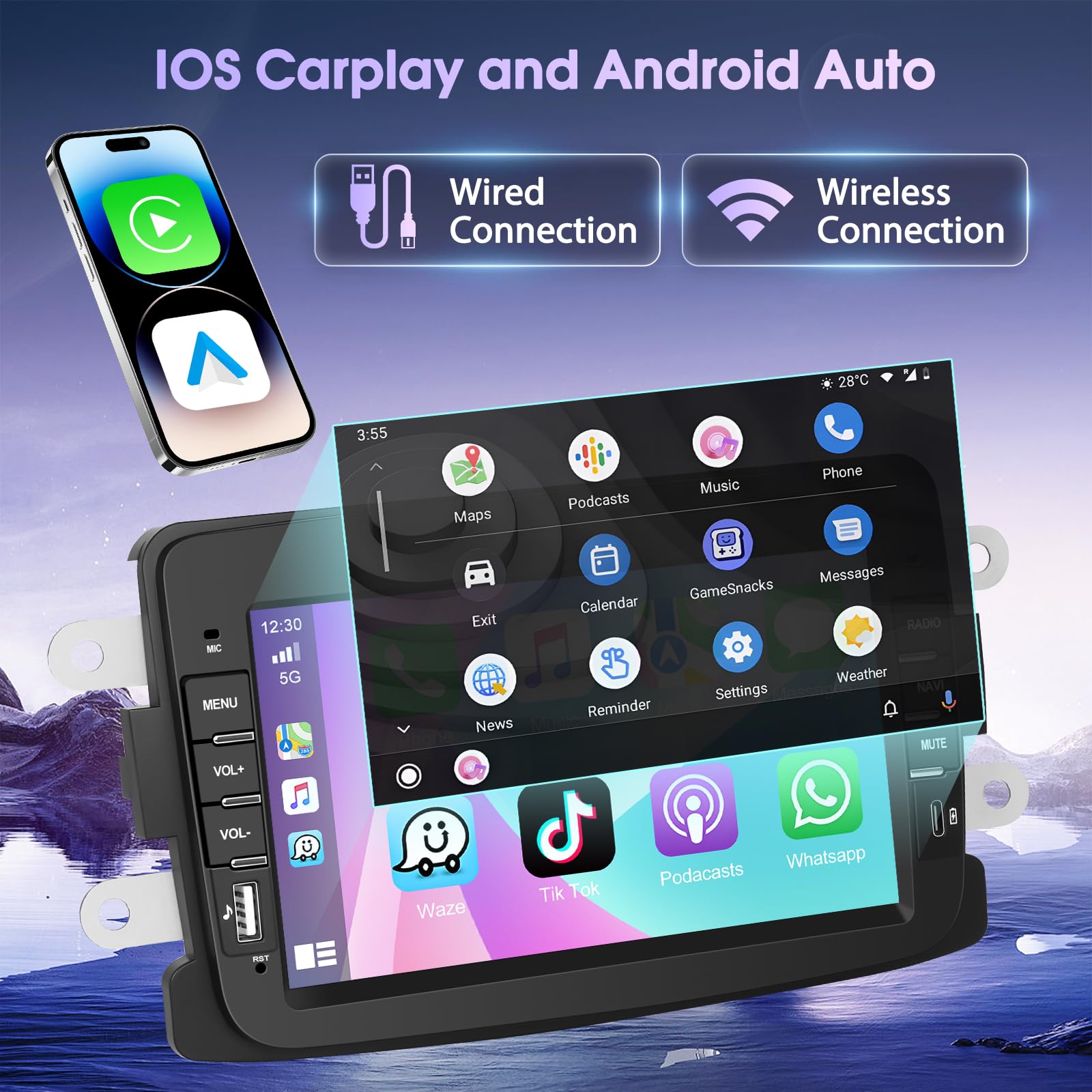 Autoradio 4+64G Android 15 per Dacia Logon Duster Captur Sandero Symbol Lodgy LadaXray, 1 DIN 7'' Stereo Radio Bluetooth 5.0 IOS Carplay Android Auto Radio EQ GPS WiFi Supporto DAB