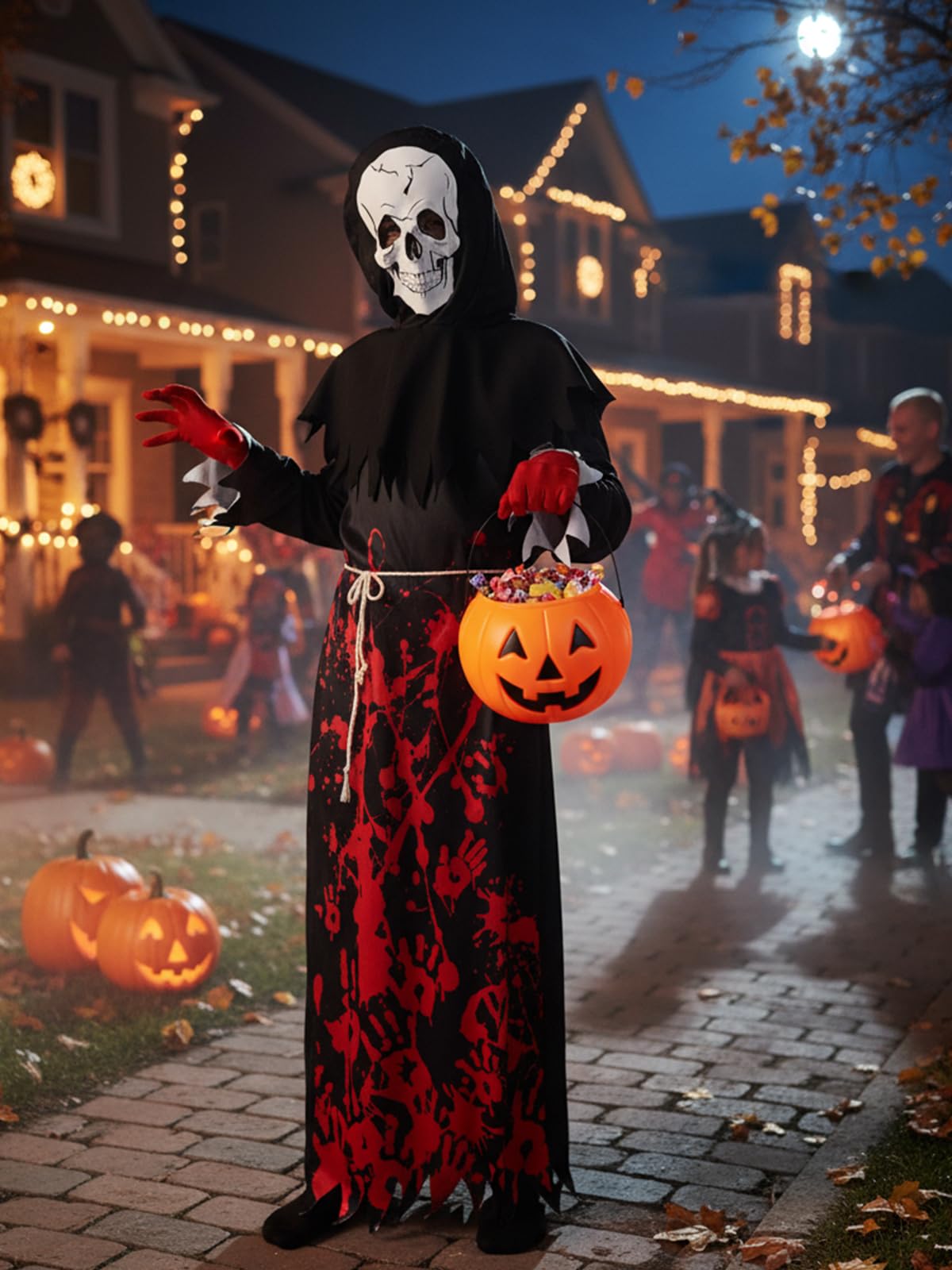 Valcatch Costume da triste mietitore per Halloween, per bambini e ragazzi, fantasma spaventoso, con maschera a testa di teschio e falce, guanti da scheletro, accessorio per cosplay