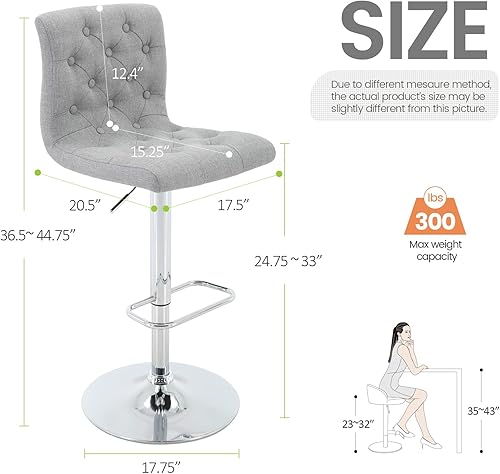 Miniatura 3 de Brage Living Tufted Fabric Bar Stool, Adjustable Swivel Counter Height Barstool with Back, Upholstered Armless Airlift Bar Chair for Kitchen Dining