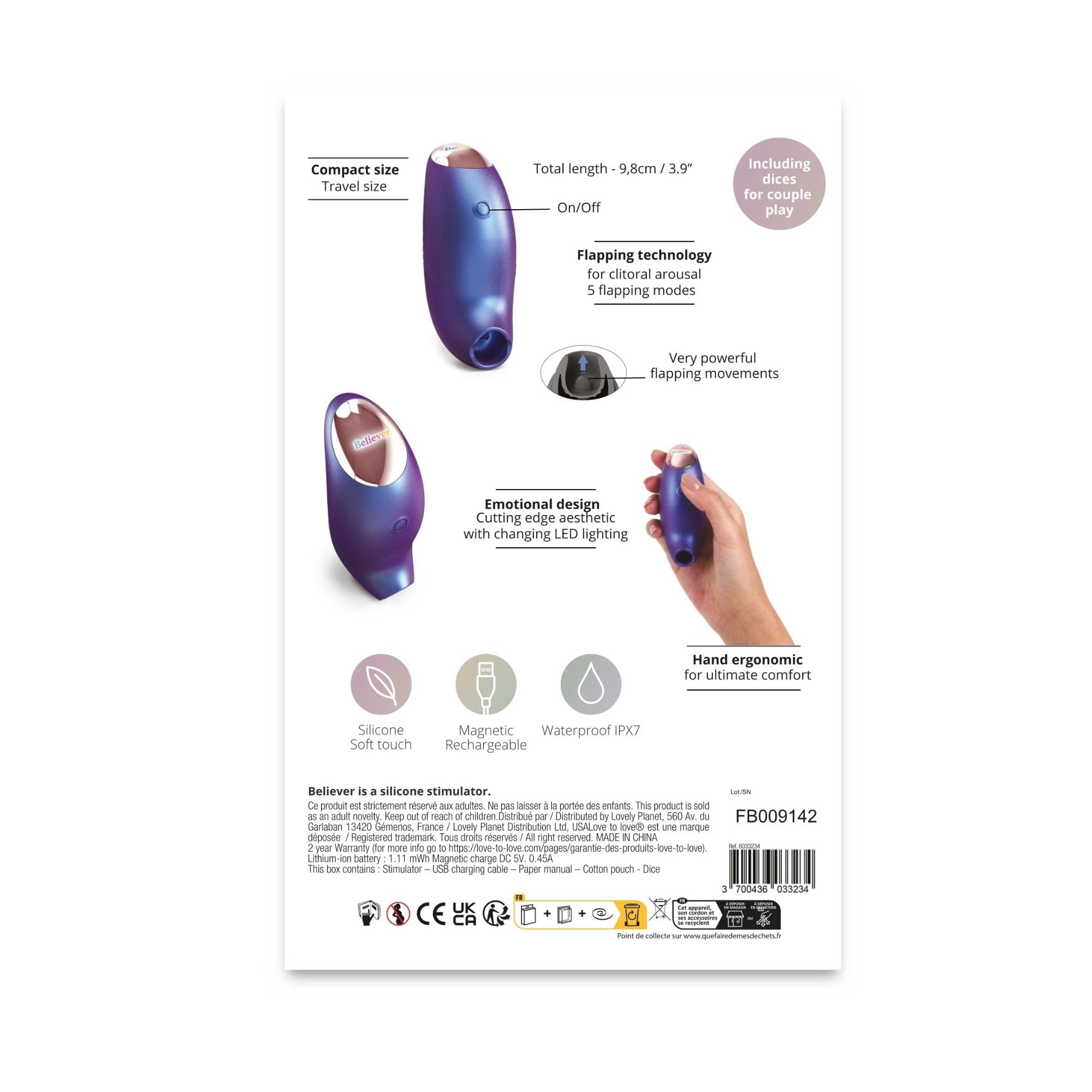 Love to Love Believer – Stimolatore clitorideo a suzione con tecnologia flapping, sex toy da donna telecomandato in silicone, ricaricabile, impermeabile IPX7, formato viaggio