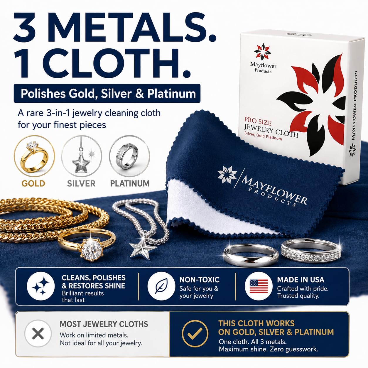 Mayflower Premium-Schmuckreinigungstuch, hergestellt in den USA. Poliertuch aus Sterlingsilber für Gold, Platin und Diamanten. Entfernt Anlaufen, stellt Glanz wieder her. Wiederverwendbarer