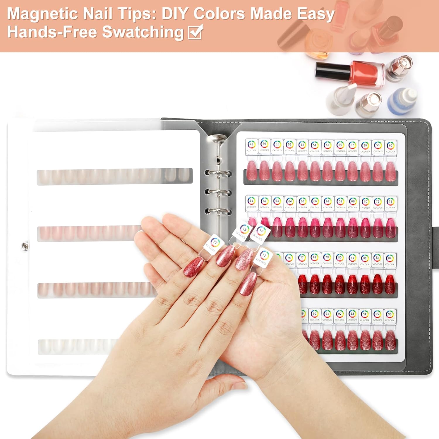 48 Magnetic Nail Swatch Book,Leather Nail Color Display Book with 48 Magnetic Tips & Number Labels,Professional Nail Salon Color Display Book for Easy Preview & Storage