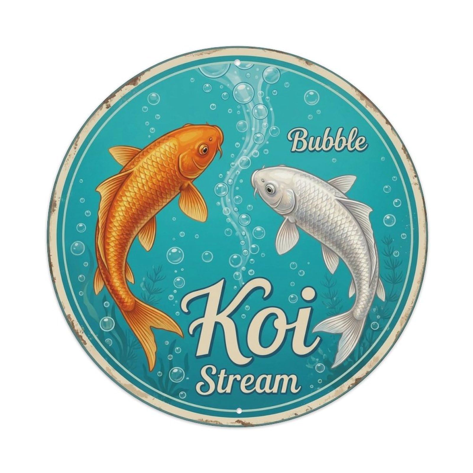 Koi Pond Water Stream Classic Emblem Vintage Metal Tin Sign Plaque Wall Decor for Cafe, Man Cave, Club Bar, Office, Home Garden Round Metal Poster 8x8Inch