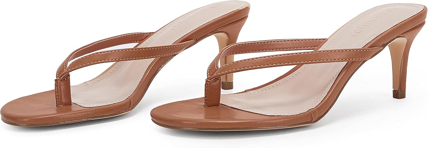 Coutgo Women's T Strap Flip Flops Thong Slip On Heeled Sandals Slide Kitten Heel Comfortable Shoes 5 Brown