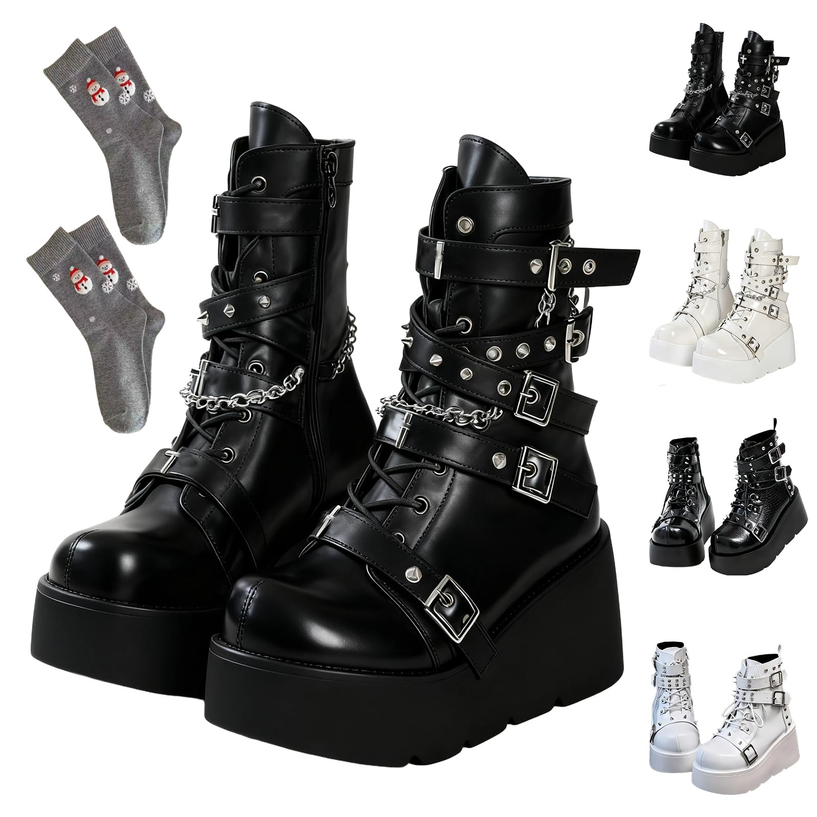 Platform Goth Boots for Women Chunky Heel Lace Up Ankle Boots Zip Round Toe Lace Up Combat Bootie