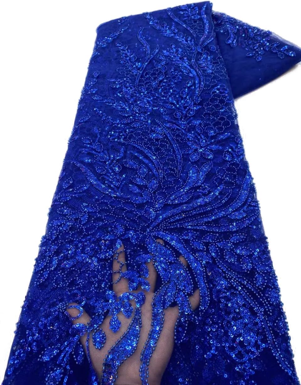Botanical Flower Sequin French Lace Fabric Bead Heavy Craft Tulle Net Fabric for Trailing Dress, 5 Yards, Royal Blue