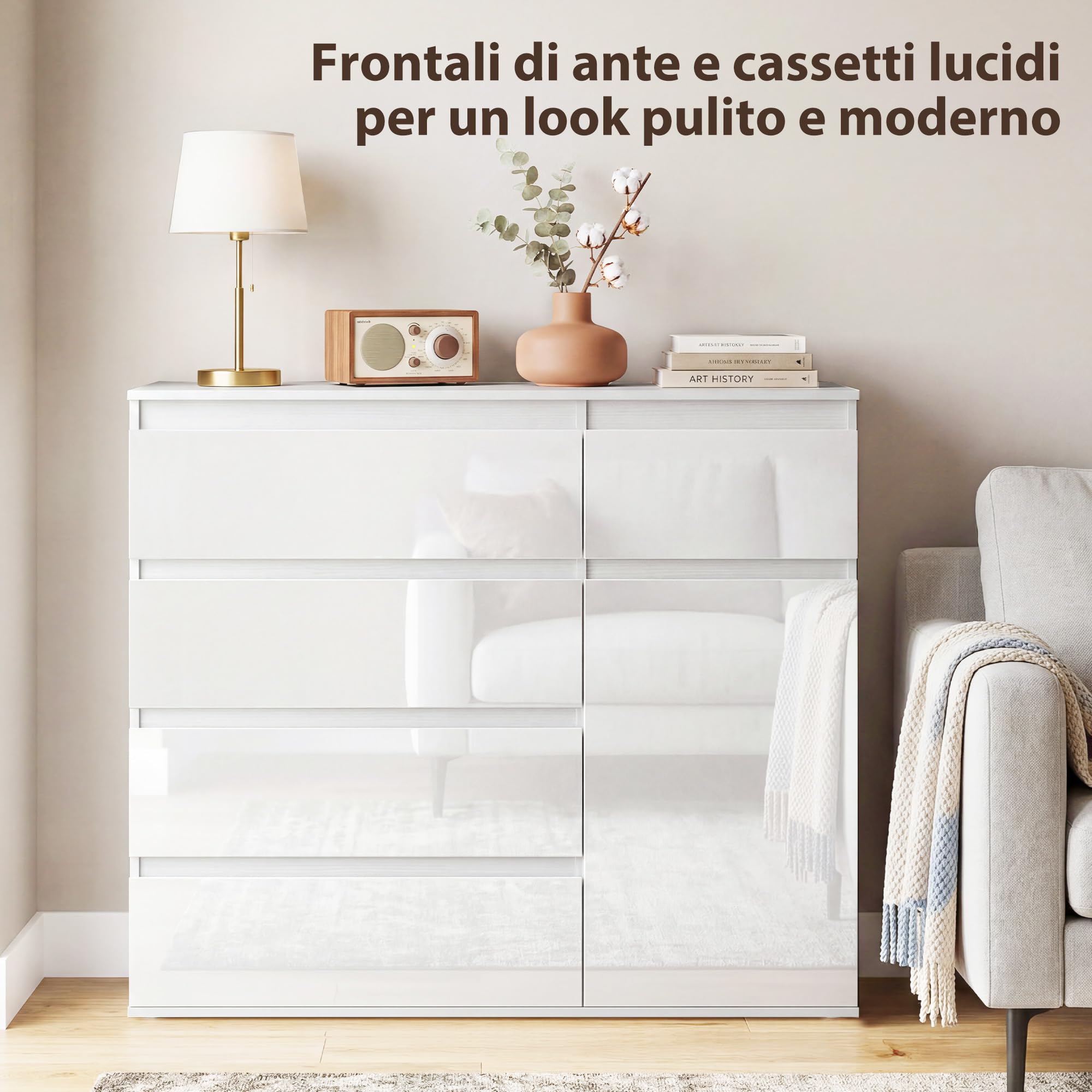 HOMCOM Cassettiera Camera da Letto 5 Cassetti, Como Camera da Letto Moderno con Ripiano Regolabile, Ante Soft-Close, Cassettiera Salvaspazio per Soggiorno Cameretta, 100x40x80 cm, Bianco Lucido